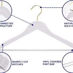 Amber Home 30 Pack Solid Wood Suit Coat Hangers, Smooth White Finish Wooden Dress Hangers with Non Slip Pant Bar (White+Gold, 30)