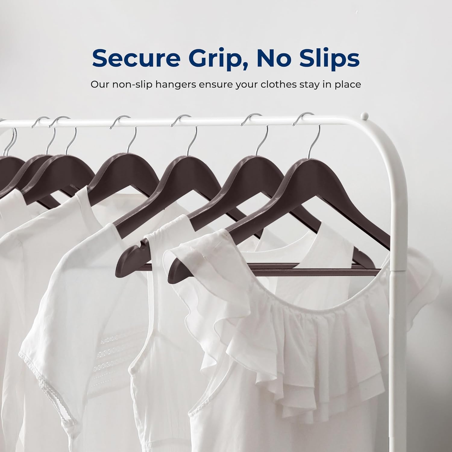 SereneLife 50-Pack Wooden Coat Hangers – Durable Suit Hangers with 360° Swivel Hook & Notches (Brown)