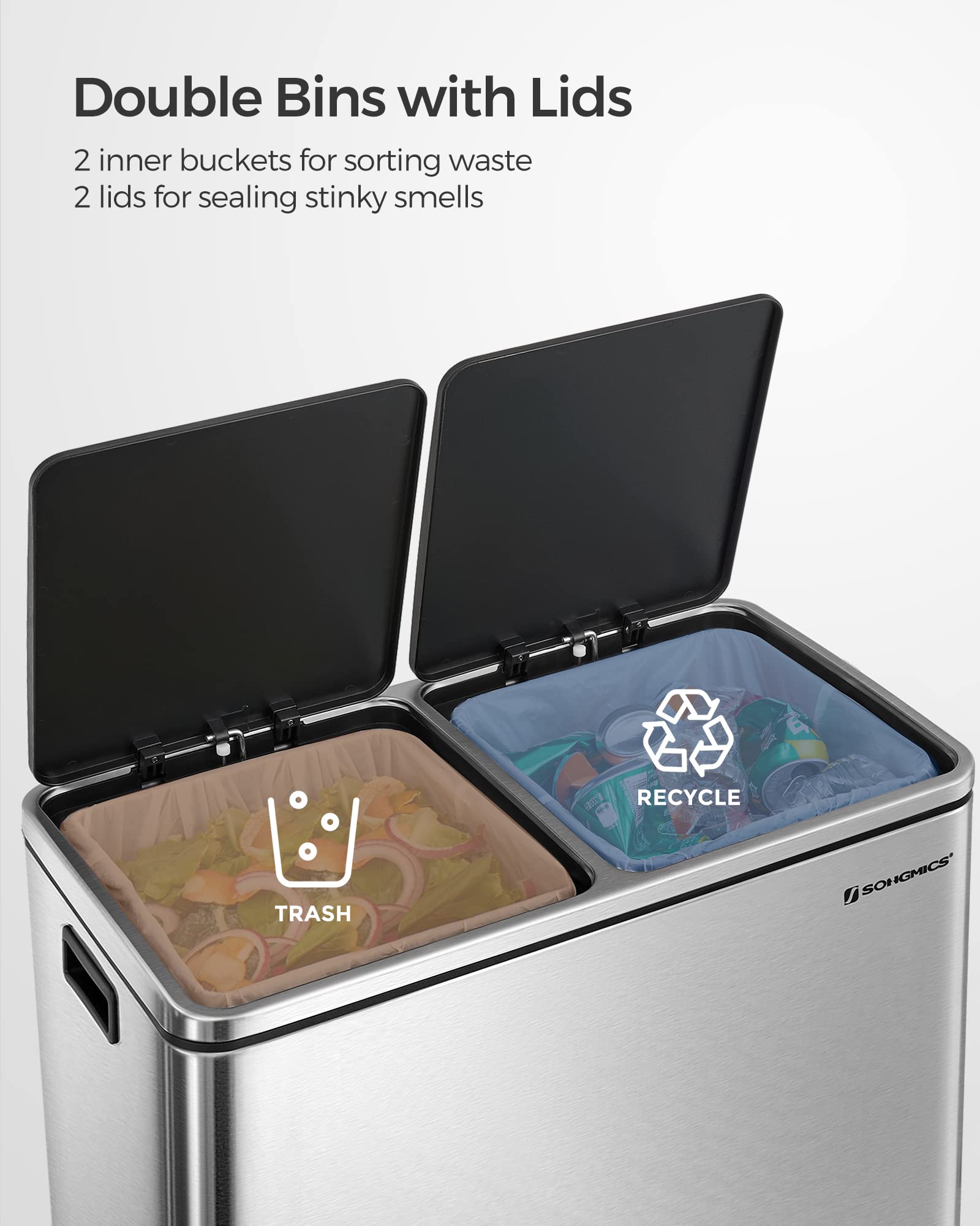 SONGMICS Trash Can, 2 x 8 Gallon (2 x 30 L) Garbage Can for Kitchen, with 15 Trash Bags, Silver and Black ULTB60NL