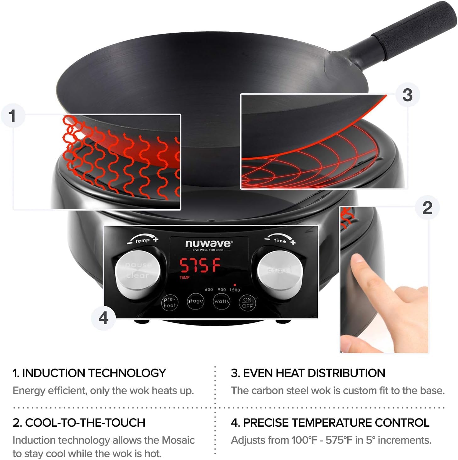 Nuwave Induction Wok, 3 Wattages 600, 900 & 1500, Precise Temp Controls from 100°F to 575°F in 5°F