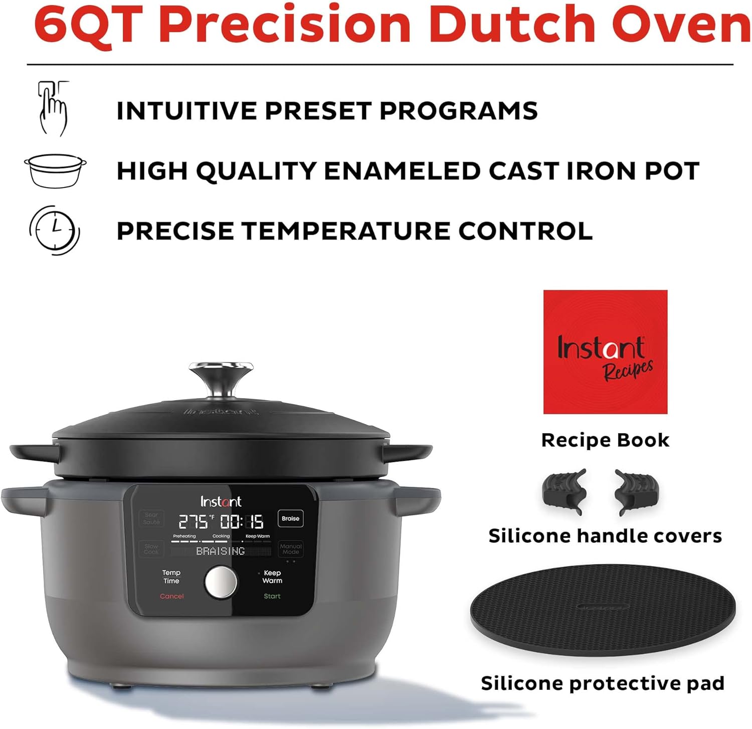 Instant Electric Round Dutch Oven, 6-Quart 1500W, From the Makers of Instant Pot, Black