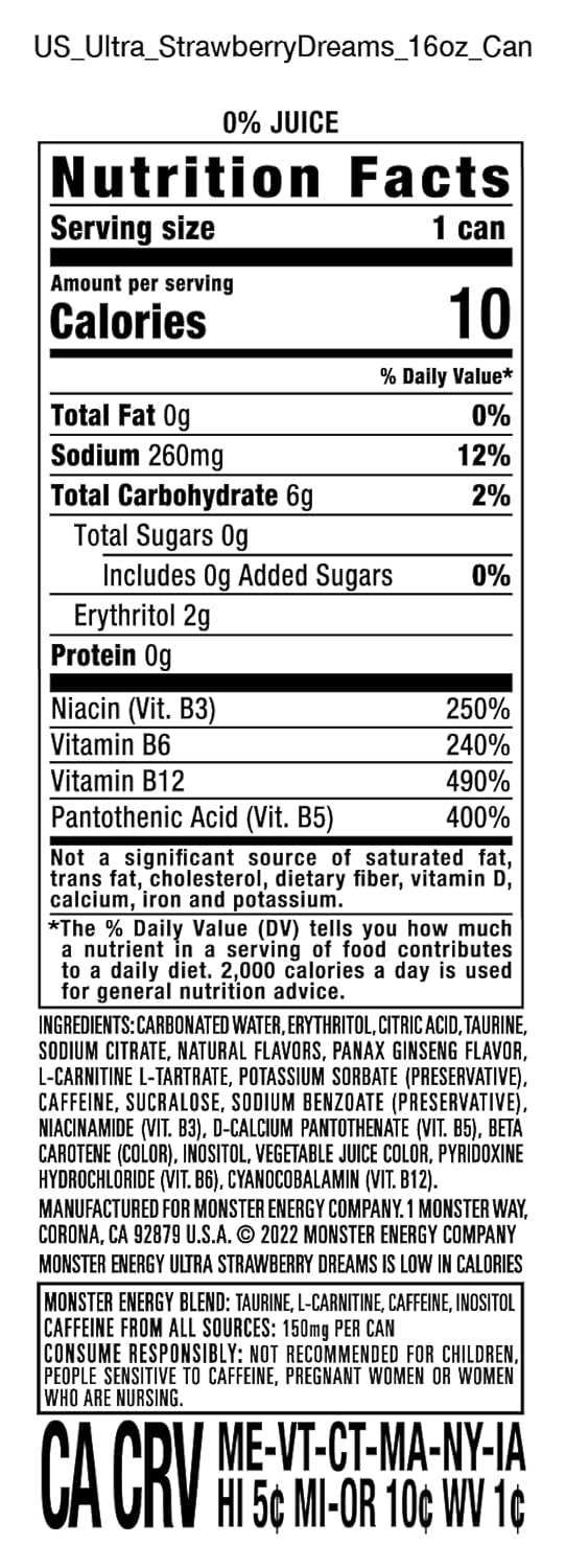 Monster Energy Ultra Strawberry Dreams, Sugar Free Energy Drink, 16 Ounce (Pack of 15)