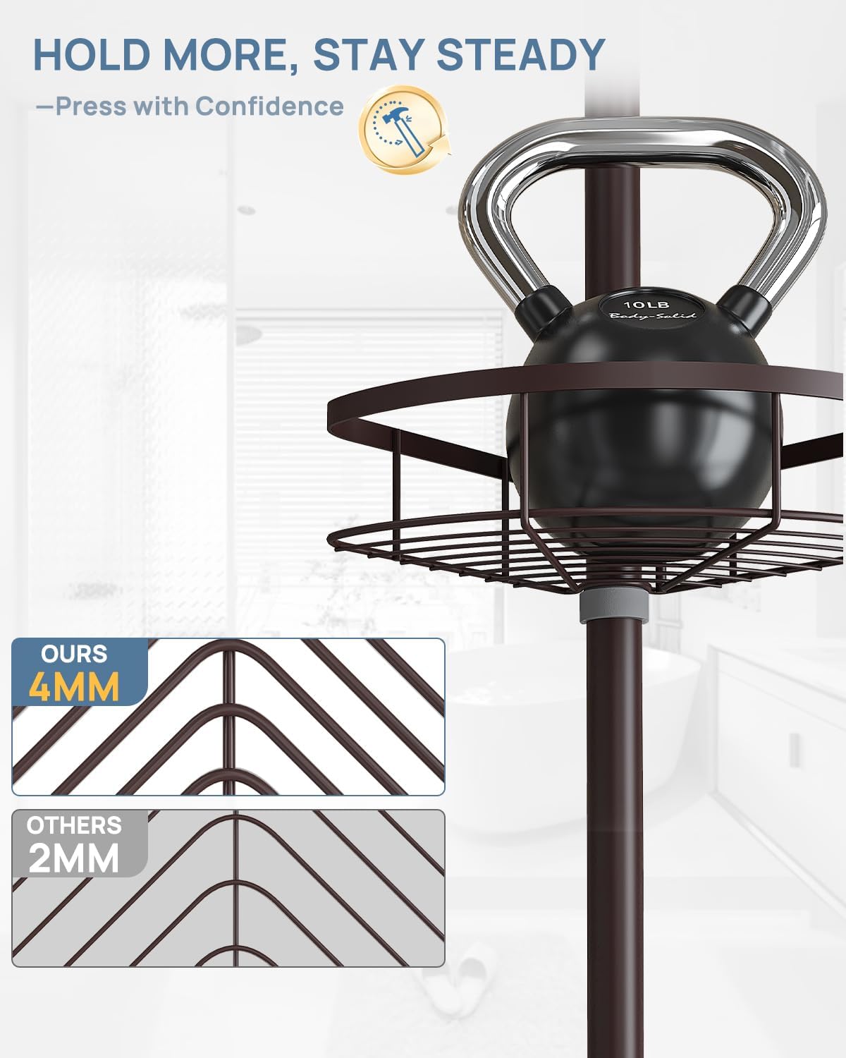 SEIRIONE Rustproof Shower Corner Caddy Organizer for Bathroom,Tension Pole with 4 Baskets,39.2 to 113 Inch Height, Bronze
