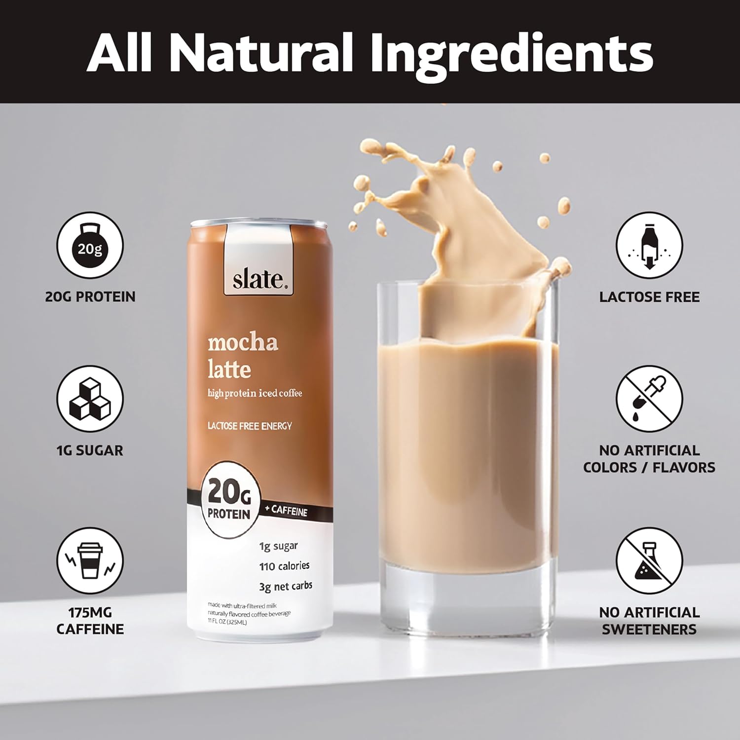 Slate Milk - Mocha Latte, No Sugar Added - Protein Coffee - 11 fl oz, 12 Cans