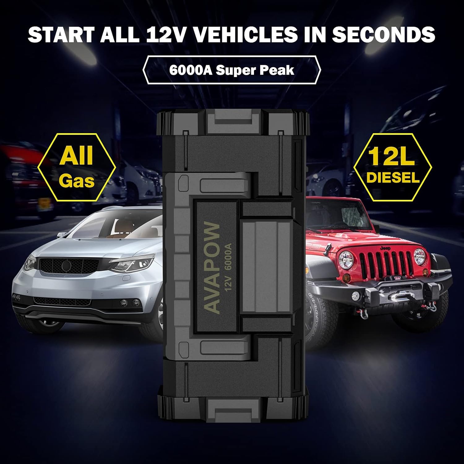 AVAPOW 6000A Car Battery Jump Starter (for All Gas or up to 12L Diesel) Powerful Car Jump Starter