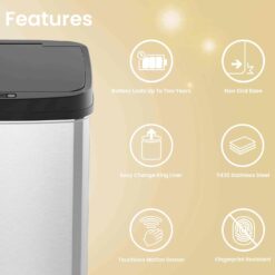 NINESTARS DZT-50-28 Automatic Touchless Motion Sensor Rectangular Trash Can, 13 Gal, Black Trim