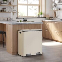 SONGMICS Trash Can, 2 x 8 Gallon (2 x 30 L) Garbage Can for Kitchen, with 15 Trash Bags, 2 Compartments, Almond Color ULTB201A01