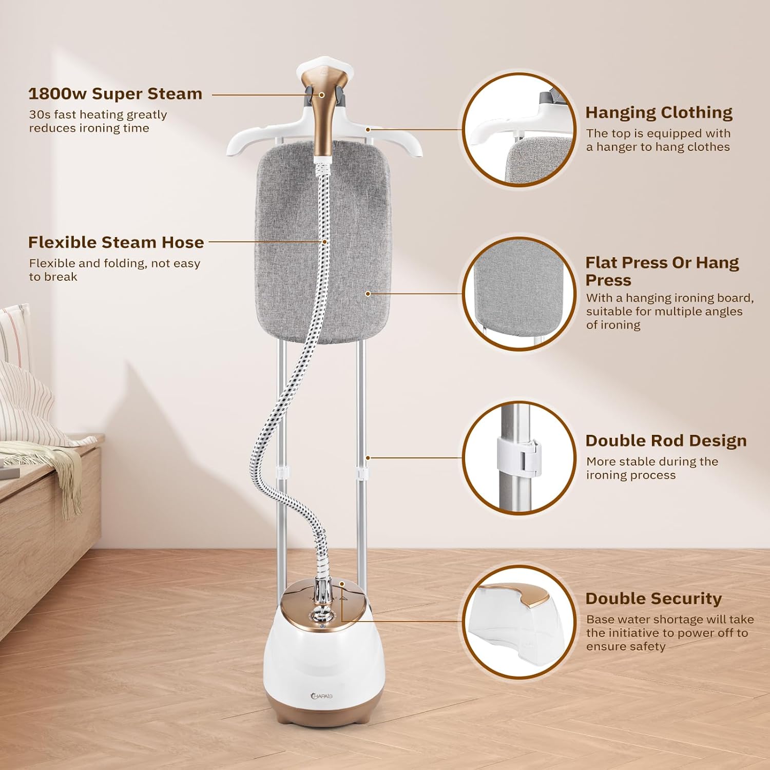 HAPAIS Steamer for Clothes,1800W Standing Garment Steamer with Adjustable Double Rod, Clothes Steamers with 10 Ironing Modes