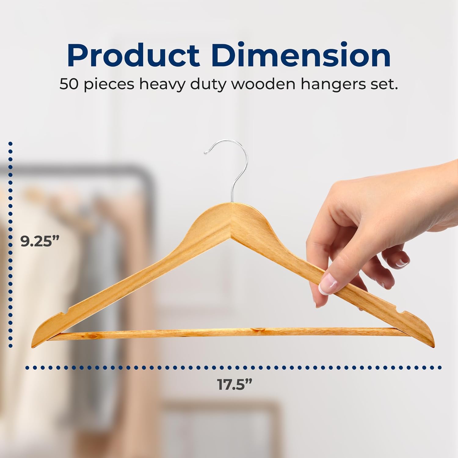 SereneLife Solid Wooden Hangers, Mega Pack, 50 Pieces Hangers for Clothes, Natural Wood Color
