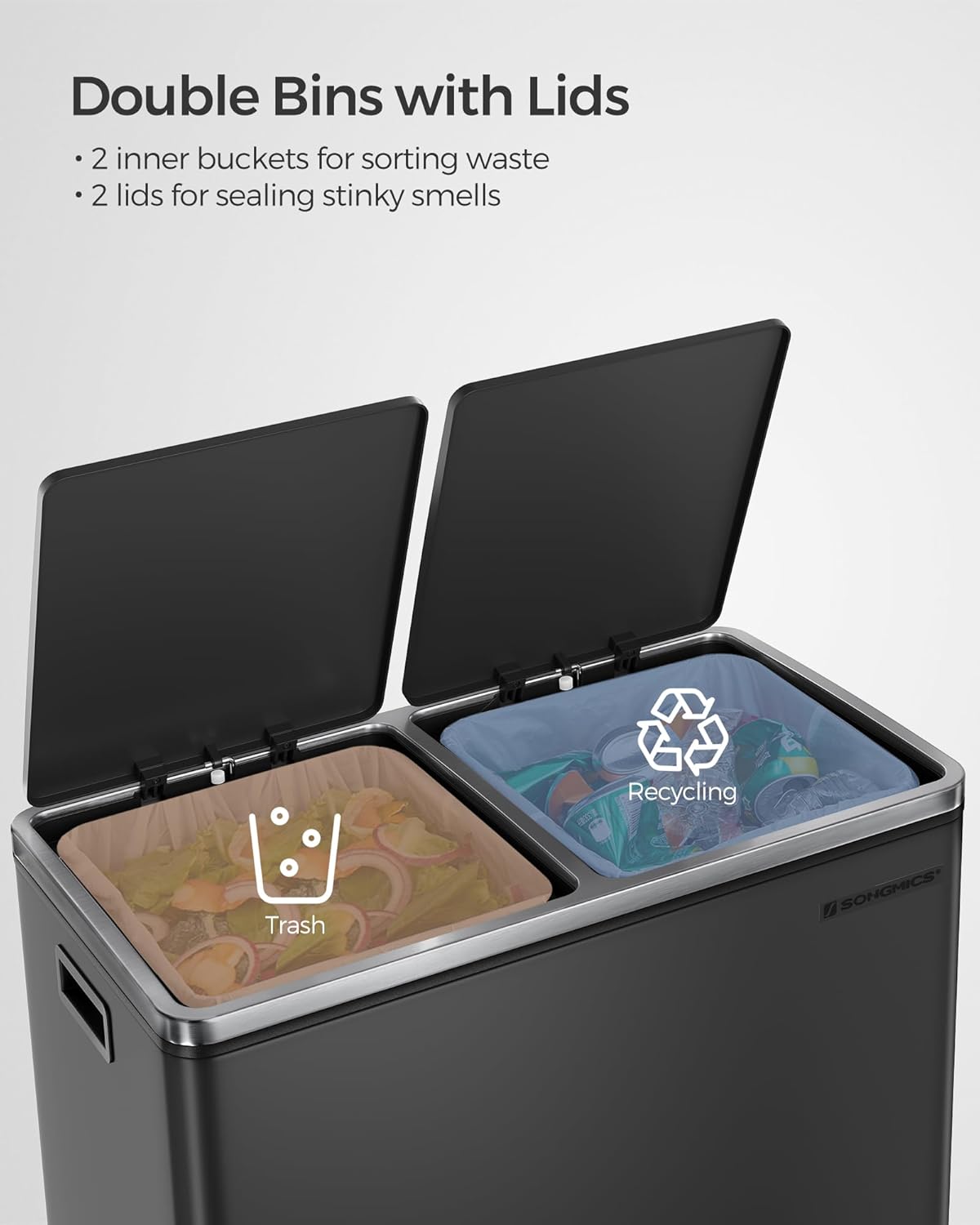 SONGMICS, Plastic, Hinged Lids, Handles Dual Garbage Can, 16 Gal (60L) Rubbish 15 Trash Bags, 2 x 8 Gallon, Black
