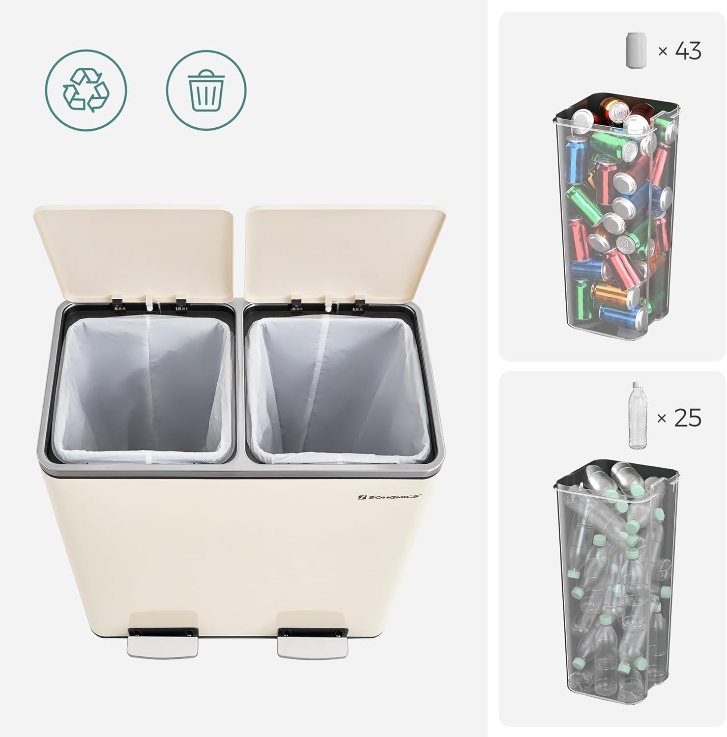SONGMICS Trash Can, 2 x 8 Gallon (2 x 30 L) Garbage Can for Kitchen, with 15 Trash Bags, 2 Compartments, Almond Color ULTB201A01