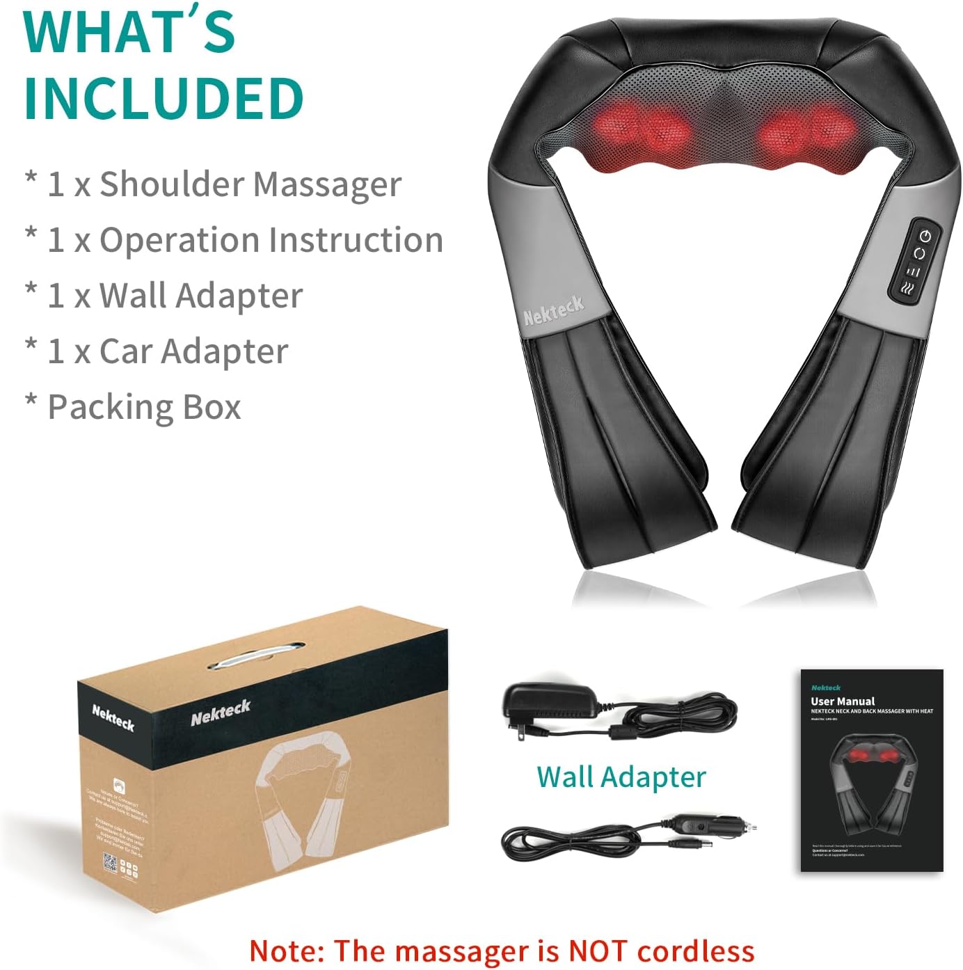 Shiatsu Neck and Back Massager with Soothing Heat, Nekteck Electric Deep Tissue 3D Kneading Massage Pillow