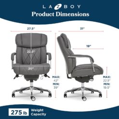 La-Z-Boy Sutherland Quilted Executive Office Chair with Padded Arms, Grey