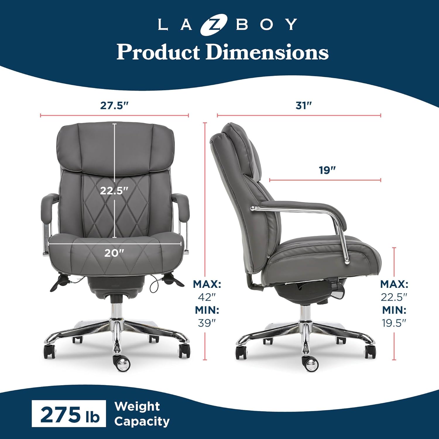 La-Z-Boy Sutherland Quilted Executive Office Chair with Padded Arms, Grey