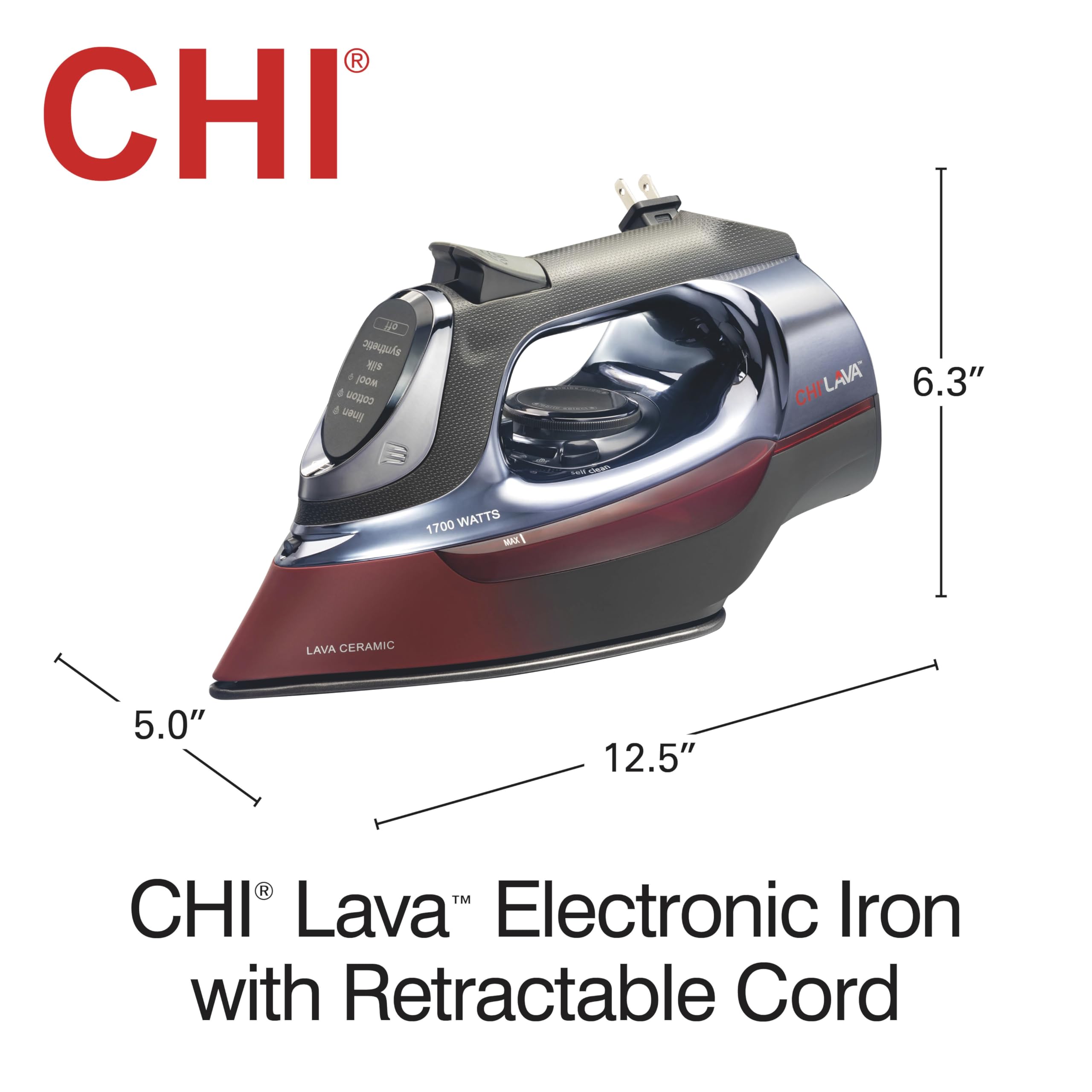 CHI Steam Iron for Clothes with 8’ Retractable Cord, 1700 Watts, 3-Way Auto Shutoff, 400+ Holes, Professional Grade, Black (13113)