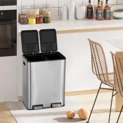 FDW 16 Gallon Stainless Steel Dual Compartment Step Kitchen Trash Can with Lids for Indoor(Silver)