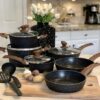 Kitchen Academy Induction Cookware Sets - 12 Piece Cooking Pan Set, Granite Black Nonstick Pots and Pans Set