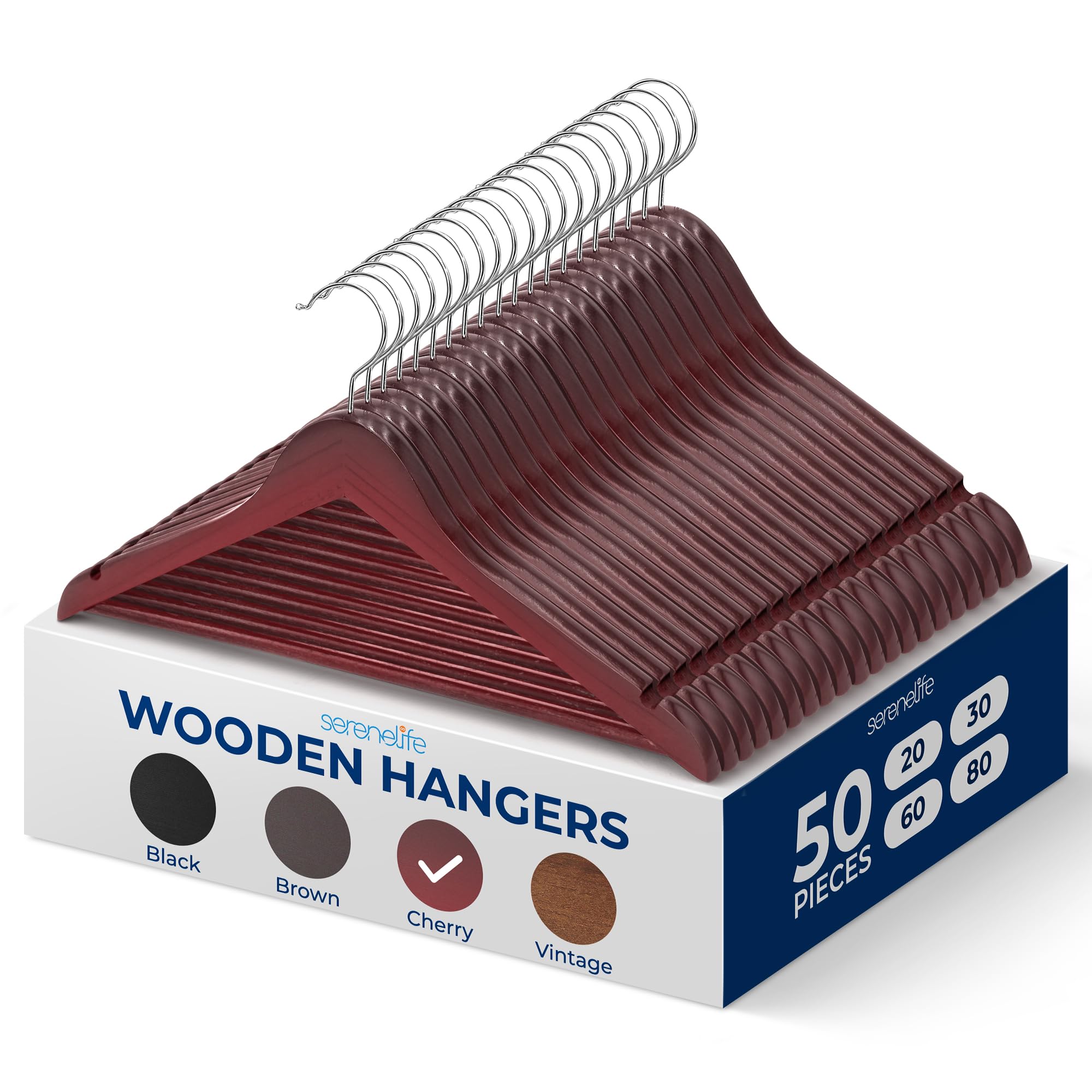 SereneLife 50-Pack Wooden Coat Hangers – Durable Suit Hangers with 360° Swivel Hook & Notches (Cherry)