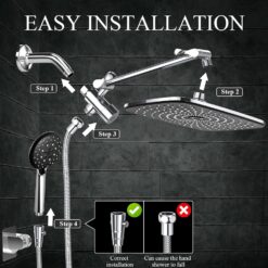 Veken High Pressure Rain Shower Head Combo with Extension Arm- Wide Showerhead with 6 Handheld Water Spray - Silver Chrome