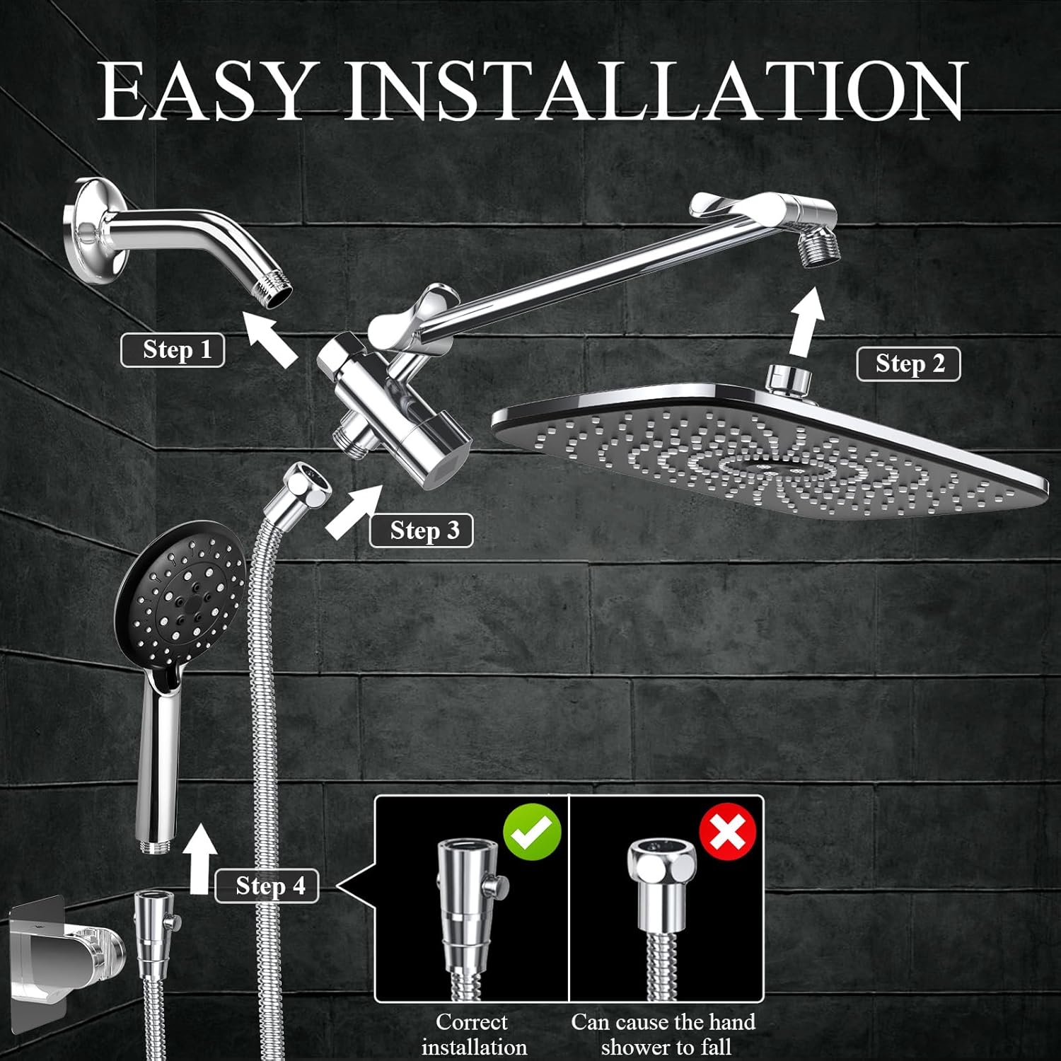 Veken High Pressure Rain Shower Head Combo with Extension Arm- Wide Showerhead with 6 Handheld Water Spray - Silver Chrome