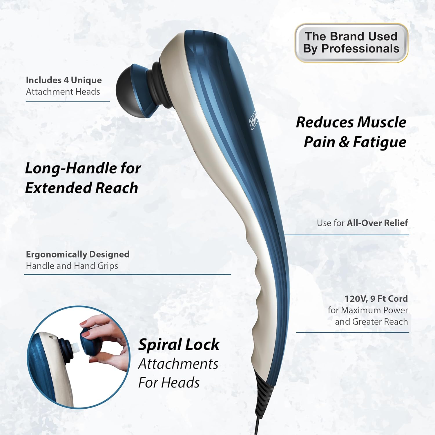 Wahl Deep Tissue Corded Long Handle Percussion Massager - Handheld Therapy with Variable Intensity to Relieve Pain in The Back
