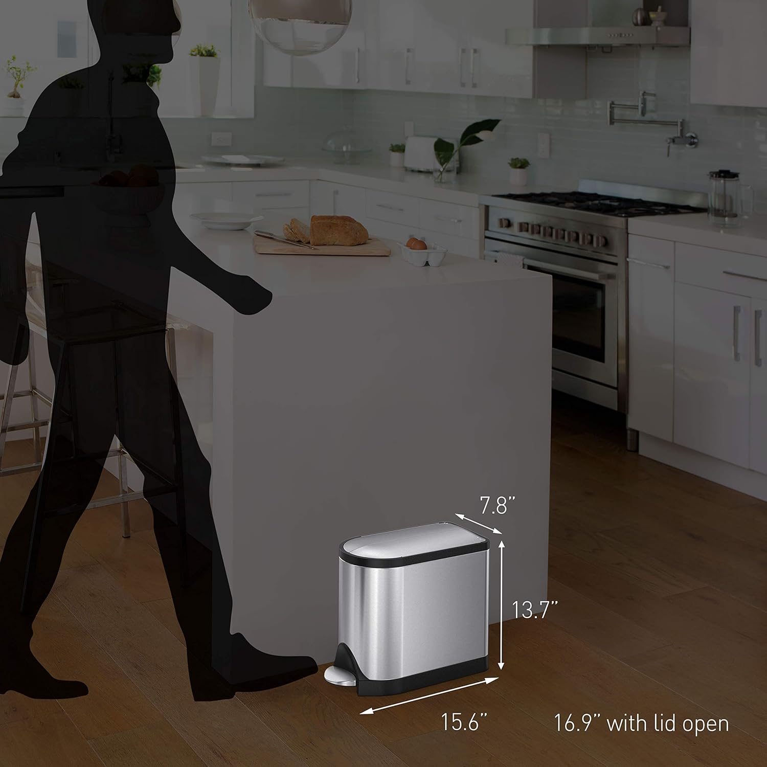 simplehuman 10 Liter / 2.6 Gallon Butterfly Lid Bathroom Step Trash Can, Brushed Stainless Steel with Black Trim