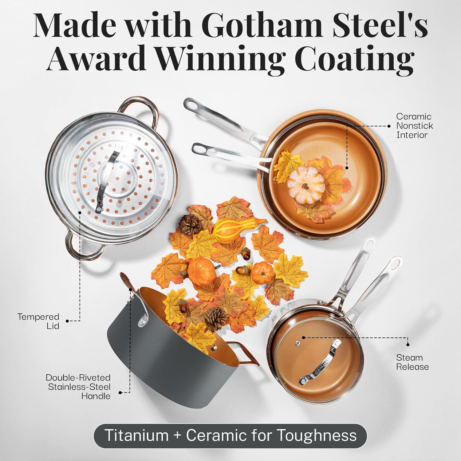 Gotham Steel 12 Pc Ceramic Pots and Pans Set Non Stick, Kitchen Cookware Sets, Pot and Pan Set - Copper