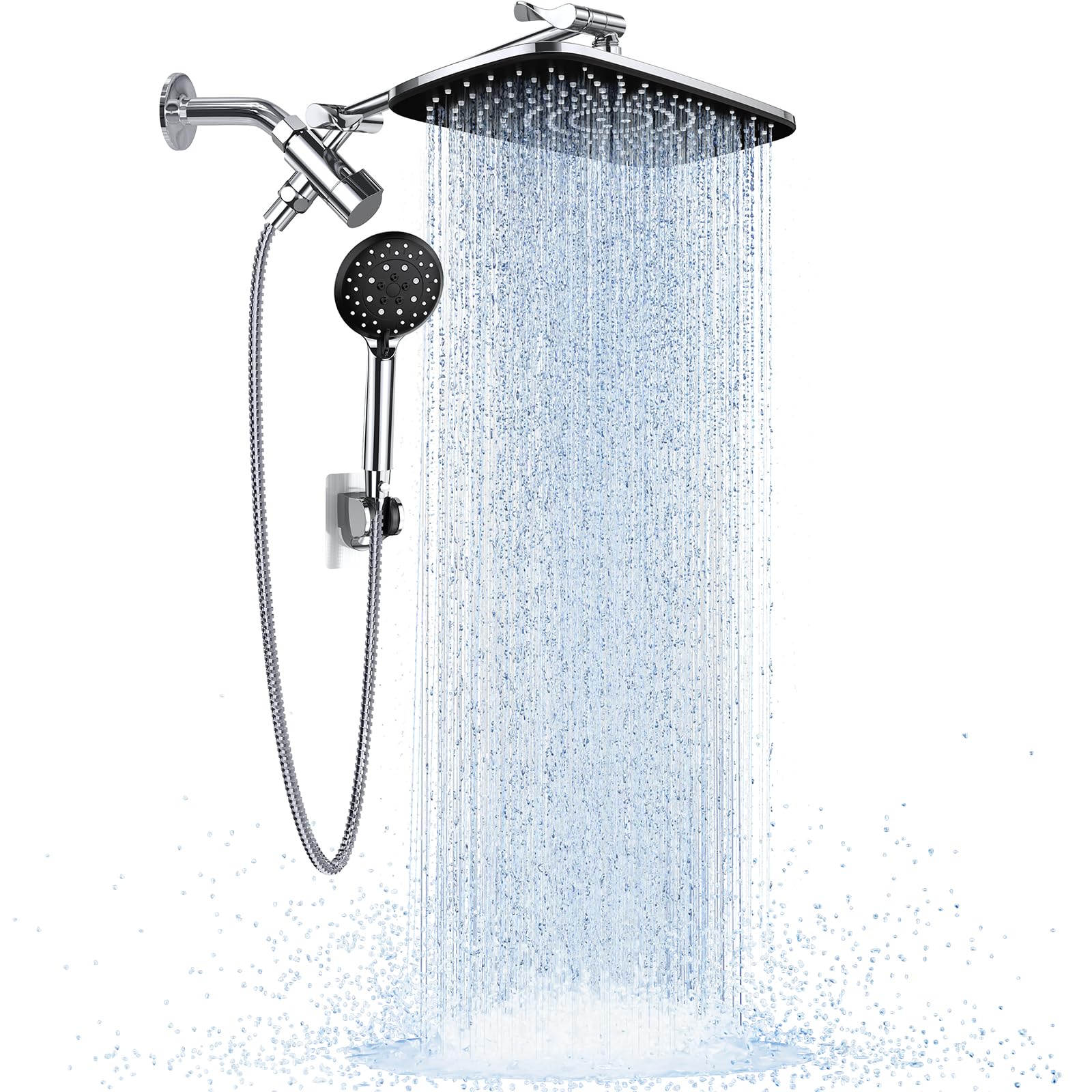Veken High Pressure Rain Shower Head Combo with Extension Arm- Wide Showerhead with 6 Handheld Water Spray - Silver Chrome