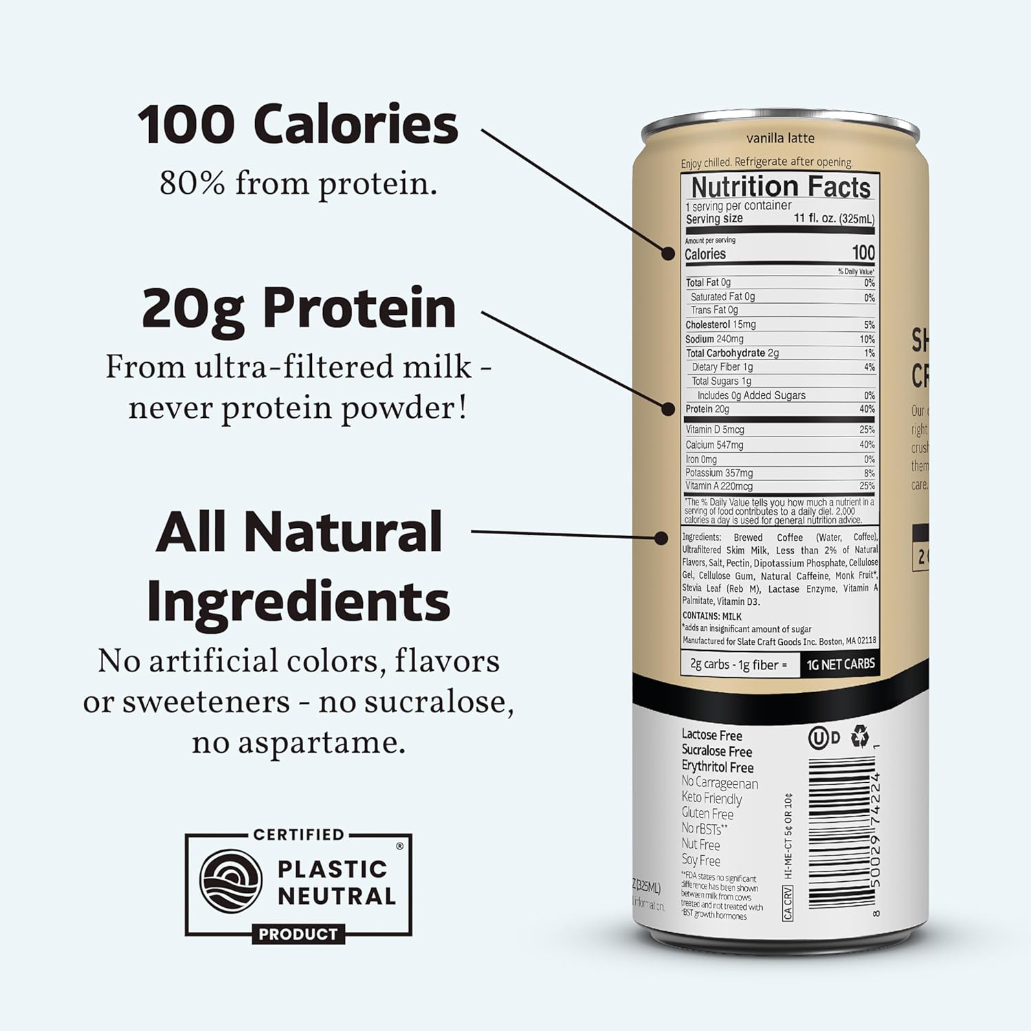 Slate Milk - Vanilla Latte, No Sugar Added - Protein Coffee - 11 fl oz, 12 Cans
