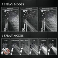 Veken 11.8 Inch High Pressure Rain Shower Head -Shower Heads with 5 Modes Handheld Spray Combo - Chrome