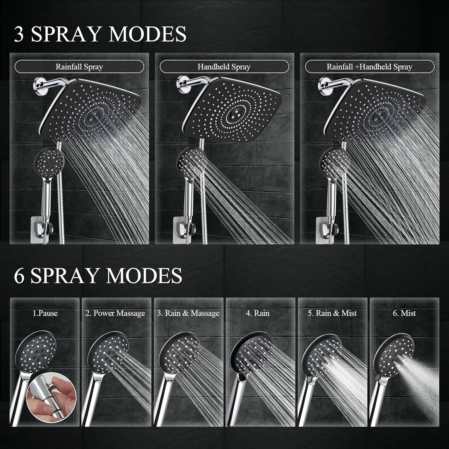 Veken 11.8 Inch High Pressure Rain Shower Head -Shower Heads with 5 Modes Handheld Spray Combo - Chrome
