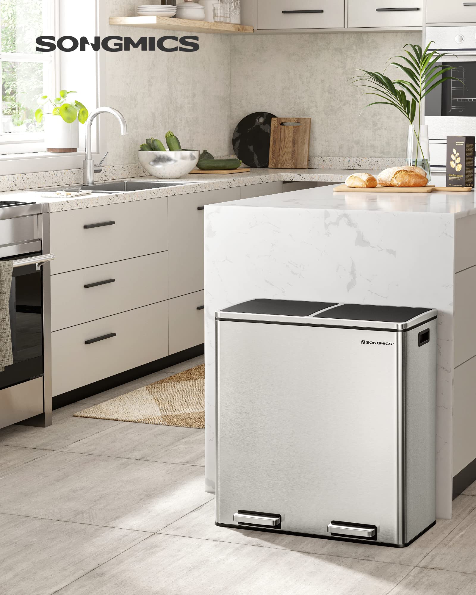 SONGMICS Trash Can, 2 x 8 Gallon (2 x 30 L) Garbage Can for Kitchen, with 15 Trash Bags, Silver and Black ULTB60NL