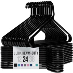 NEATERIZE Ultra Heavy Duty Plastic Clothes Hangers - Black - Durable Coat, Suit and Clothes Hanger. Perchas De Ropa (24 Pack - Black)