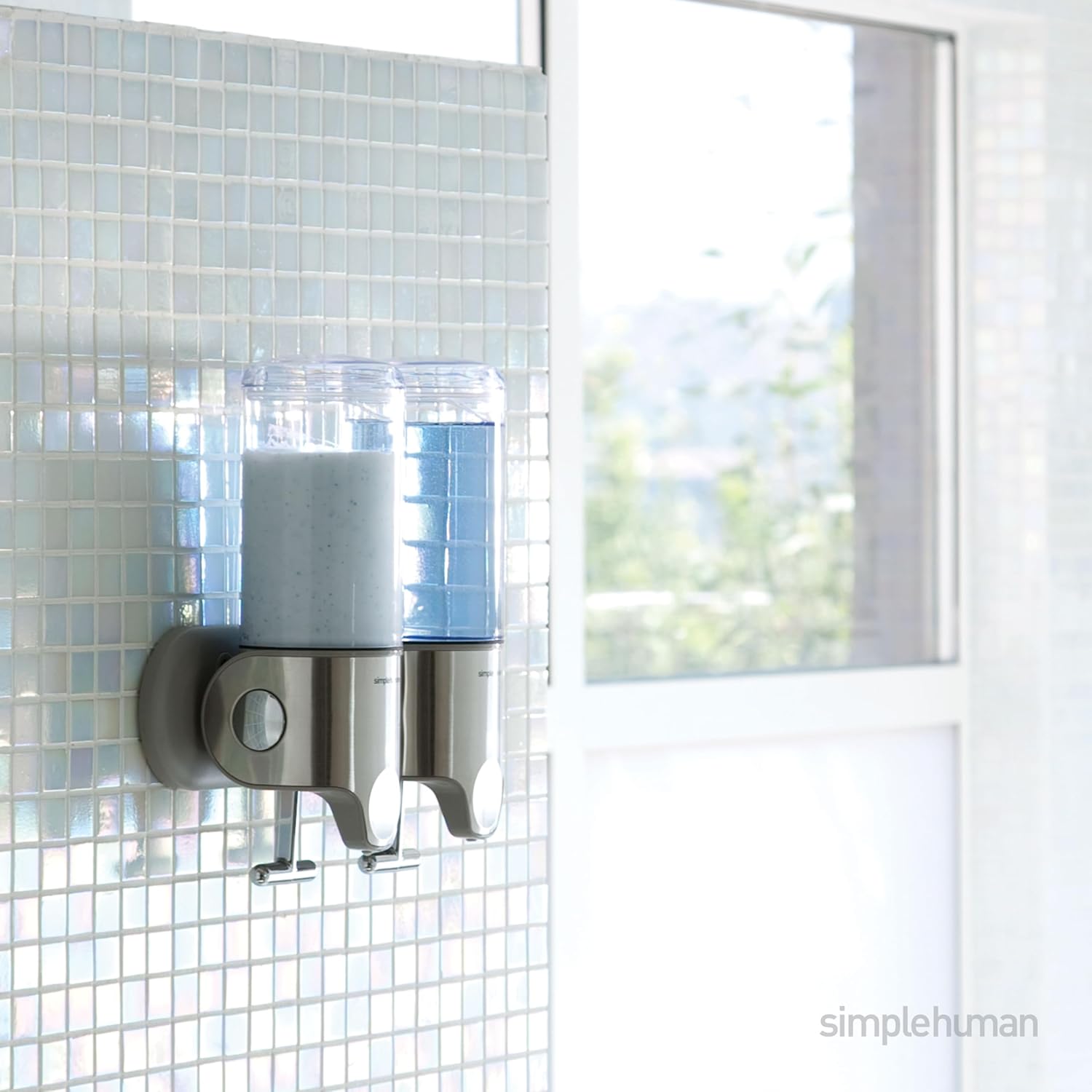 simplehuman Double Wall Mount Shower Pump, 2 x 15 fl. oz. Shampoo and Soap Dispensers, Stainless Steel