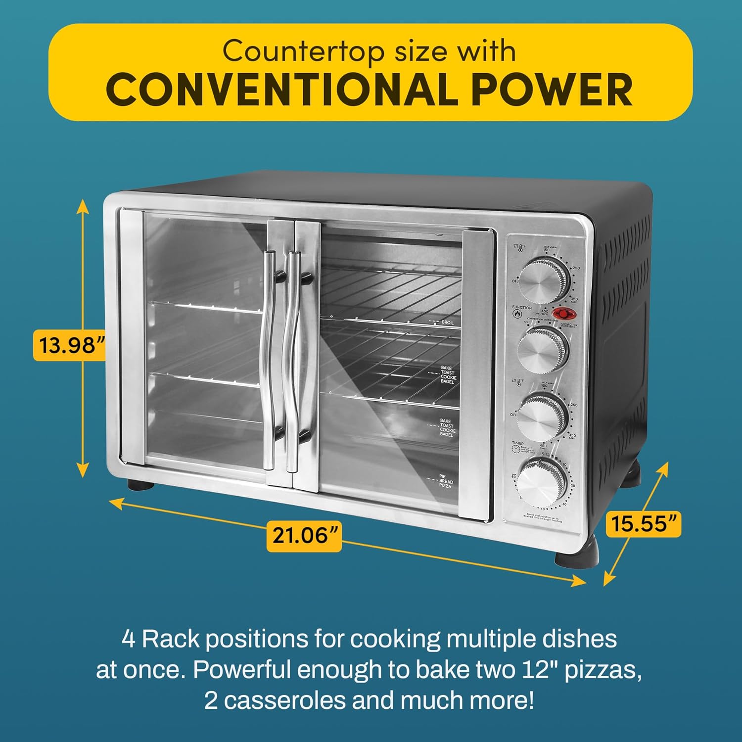 Elite Gourmet ETO-4510M French Door 47.5Qt, 18-Slice Convection Oven 4-Control Knobs, Stainless Steel