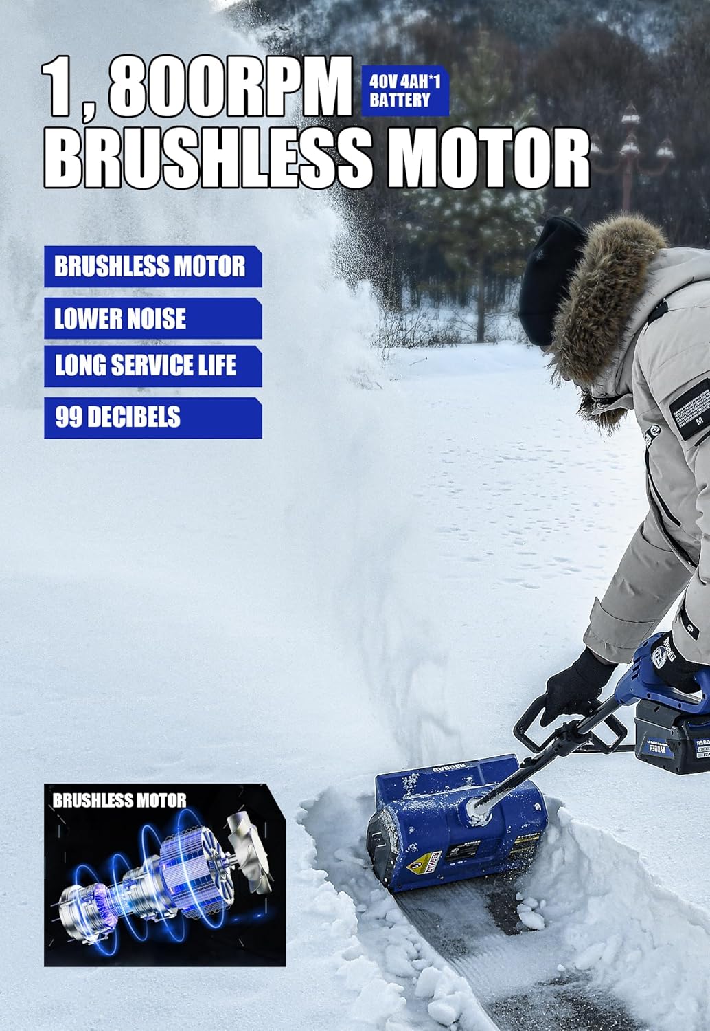 Wild Badger Power Electric Snow Shovel 40V 15" Cordless Brushless with 4.0Ah Battery and Charger for Wet Snow and Heavy Snow