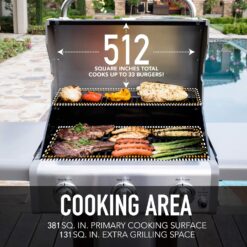 Kenmore 3-Burner Propane Gas Grill with Foldable Side Tables for Outdoor BBQ, Black