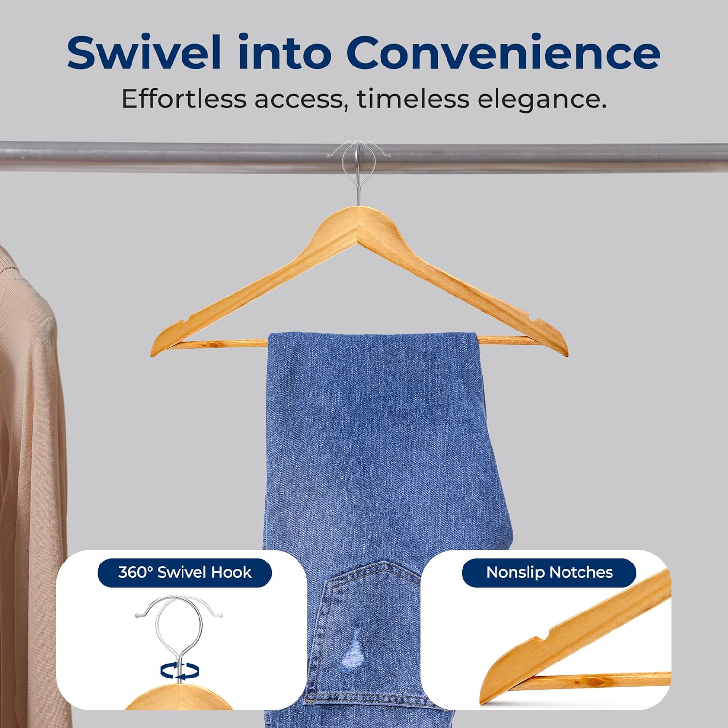 SereneLife Solid Wooden Hangers, Mega Pack, 50 Pieces Hangers for Clothes, Natural Wood Color