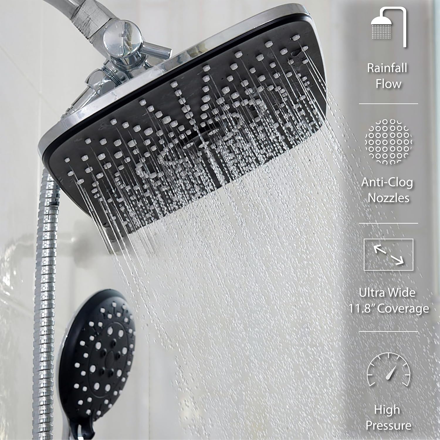 Veken 11.8 Inch High Pressure Rain Shower Head -Shower Heads with 5 Modes Handheld Spray Combo - Chrome