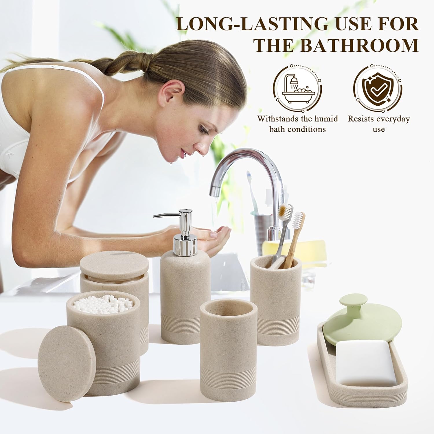 YMXYJM Bathroom Accessories Set, 6-Piece Bathroom Accessory Set, Toothbrush Holders Set, Soap Dispenser (Beige)