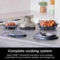Ninja Crispi Air Fryer, Microwave, Freezer & Dishwasher Safe, Non Toxic Glass Portable Cooking System, 4 QT & 6 Cup Glass Containers, Stone, FN101ST