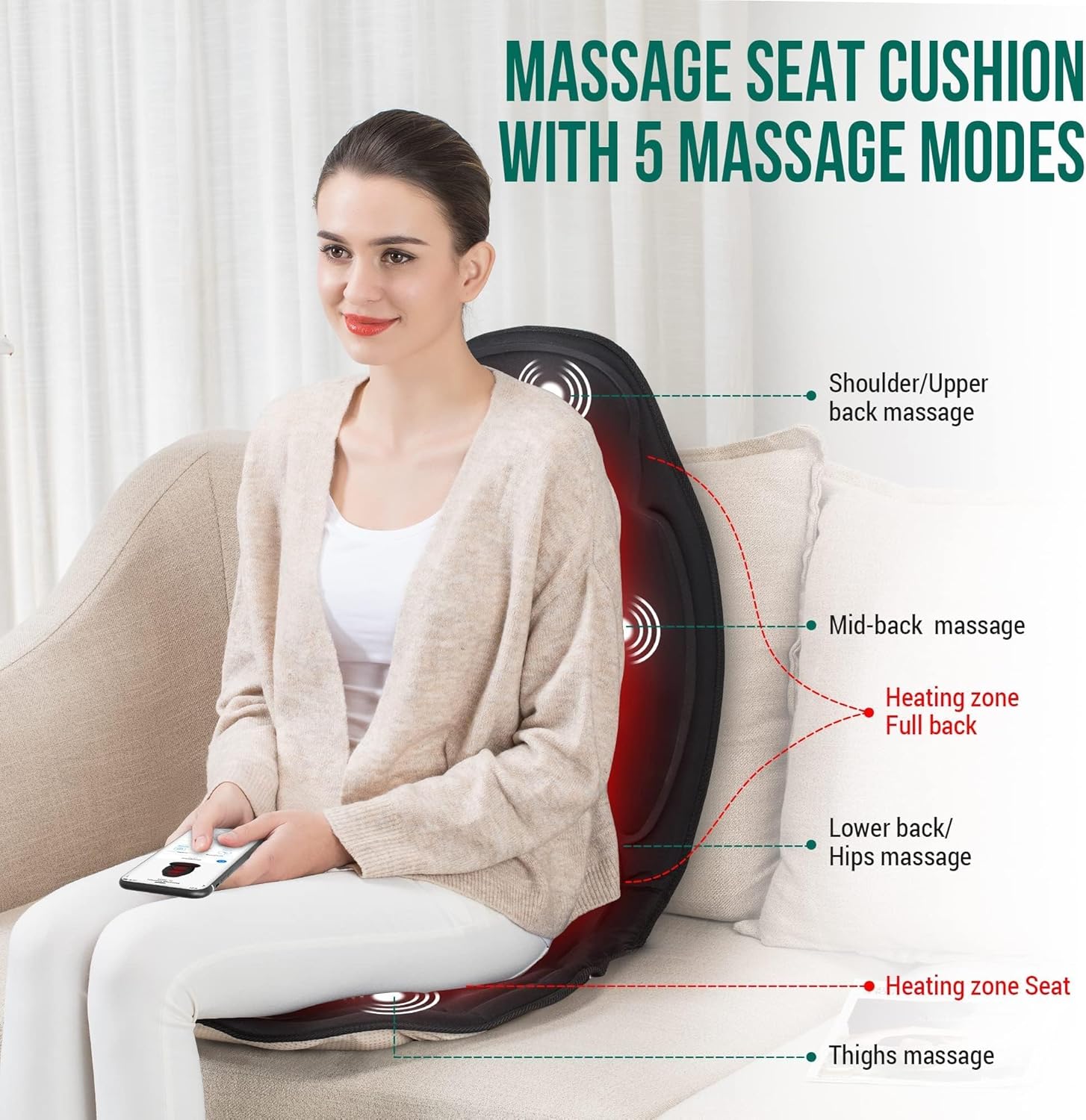 Snailax Vibration Back Massager with Heat, Massage Seat Cushion with 6 Vibrating Motors and 2 Heat Levels