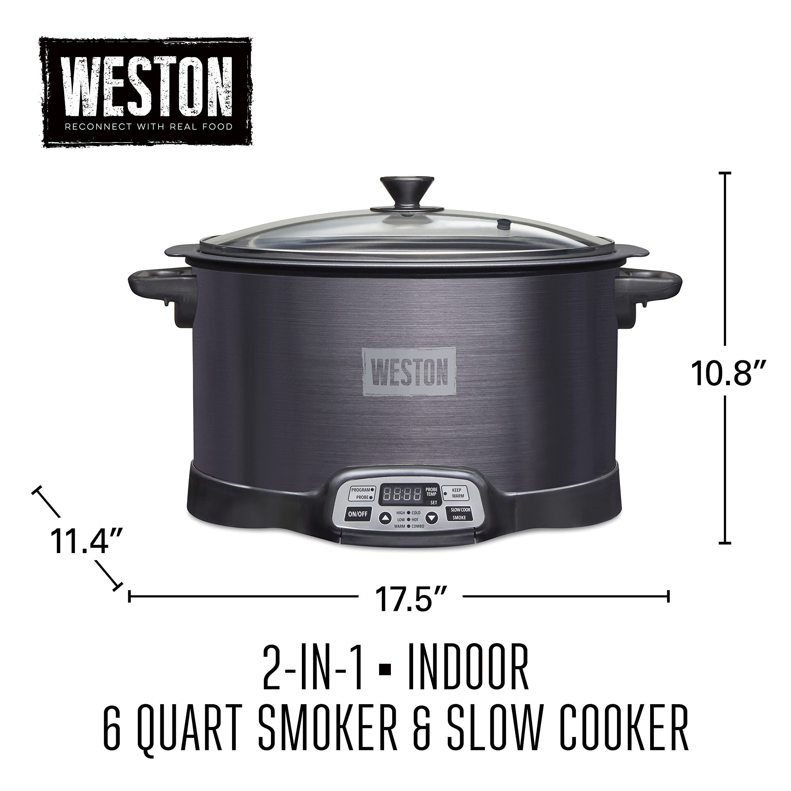 WESTON BRANDS 2-in-1 Indoor Electric Smoker & Programmable Slow Cooker, 6 Quart, With 3-Tier Smoking Rack for Meat, Black