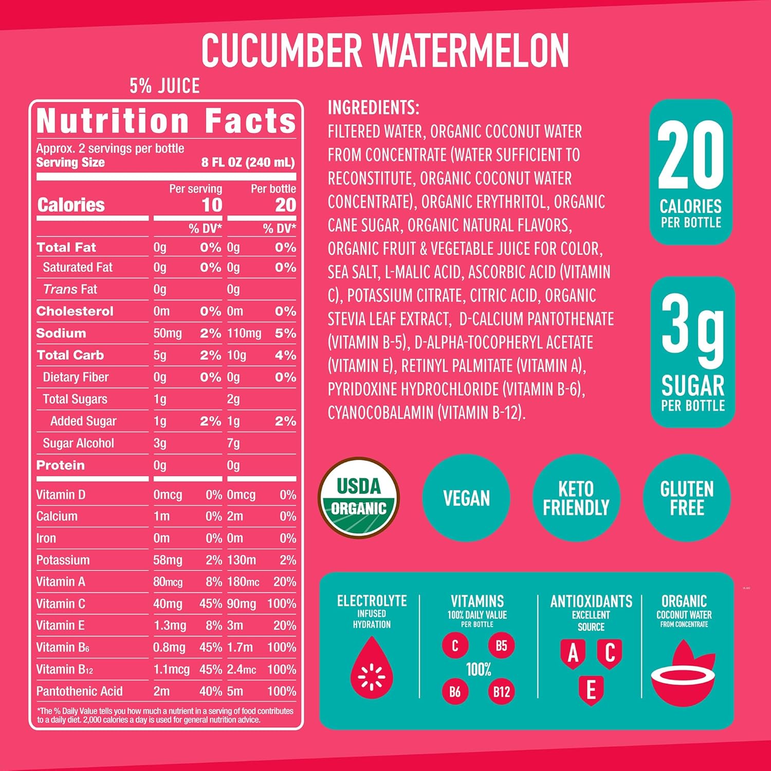 Roar Organic Electrolyte Infusions - USDA Organic - Cucumber Watermelon, Coconut Water Infused Beverage 18 Fl Oz (Pack of 12)