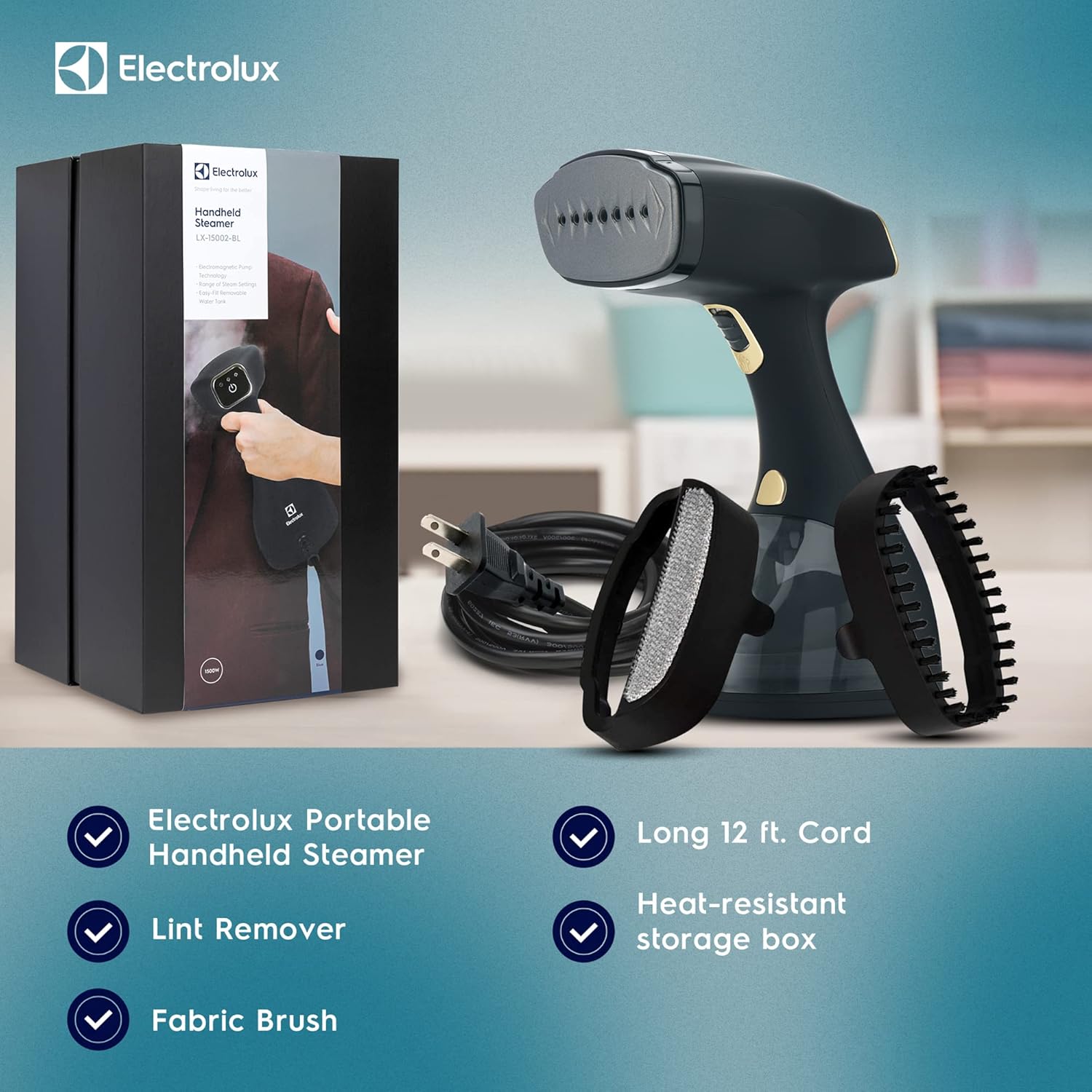 Electrolux Steamer for Clothes, 1500 Watt Portable Handheld Fabric and Garment Steamer with Lint Remover & Fabric Brush, Black