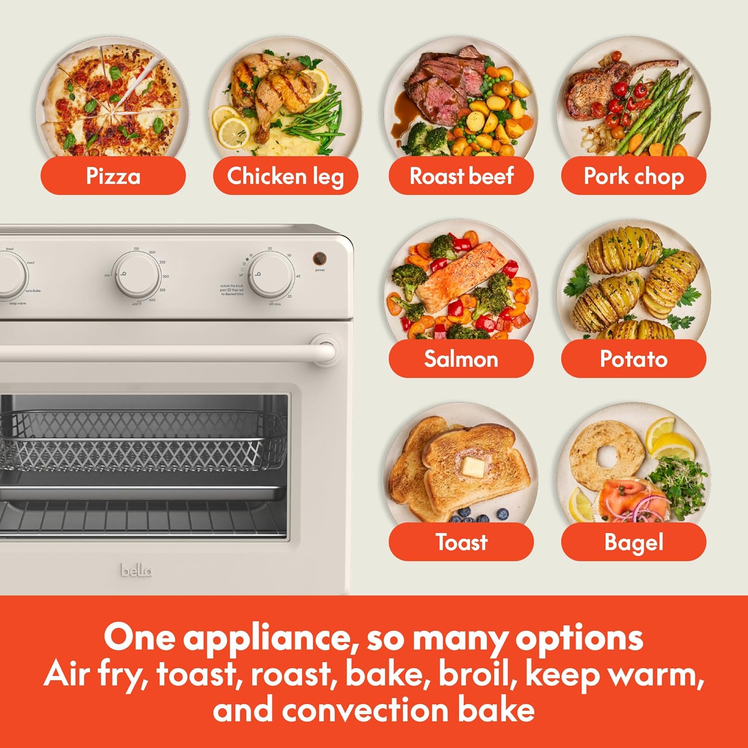 bella Air Fry Toaster Oven, 7 Preset Cooking Options, Dishwasher-Safe EverGood Coated Trays Included, 1700 Watt, Oatmilk