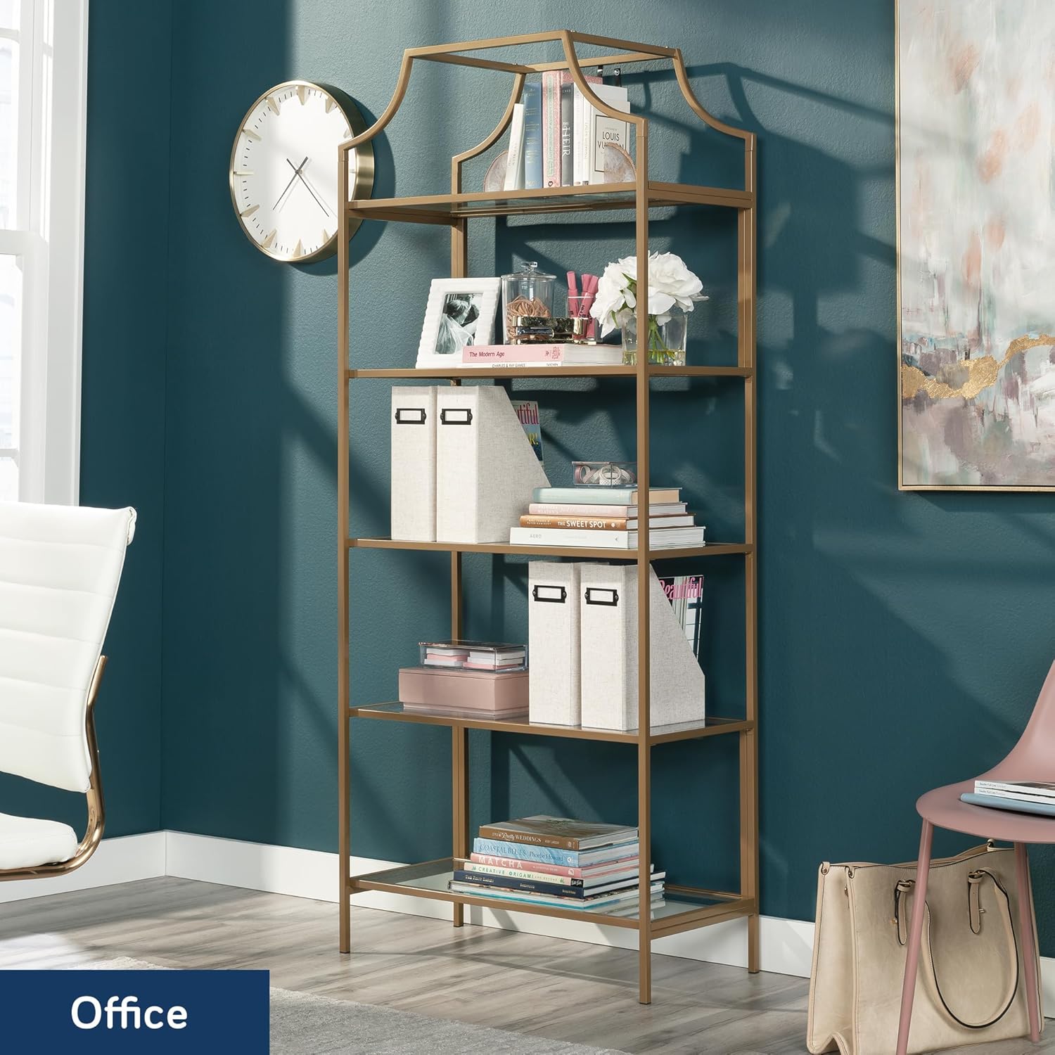Sauder International Lux Bookcase/ book shelf, Satin Gold finish