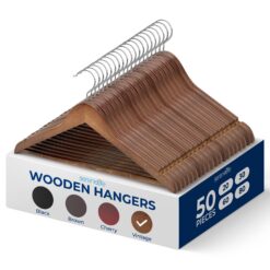 SereneLife 50-Pack Wooden Coat Hangers – Durable Suit Hangers with 360° Swivel Hook & Notches (Vintage)