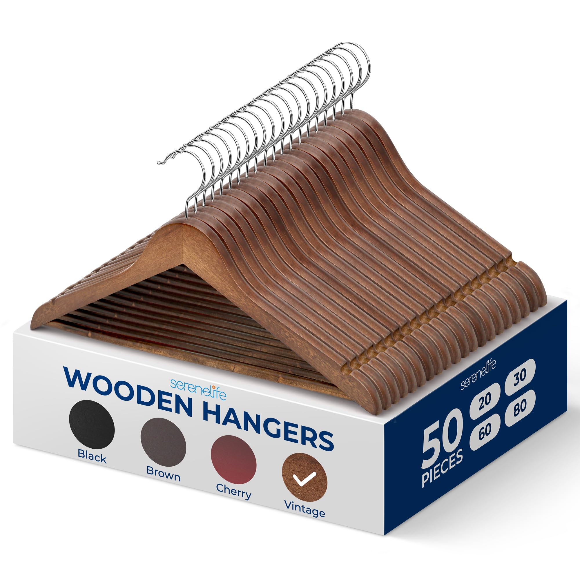SereneLife 50-Pack Wooden Coat Hangers – Durable Suit Hangers with 360° Swivel Hook & Notches (Vintage)