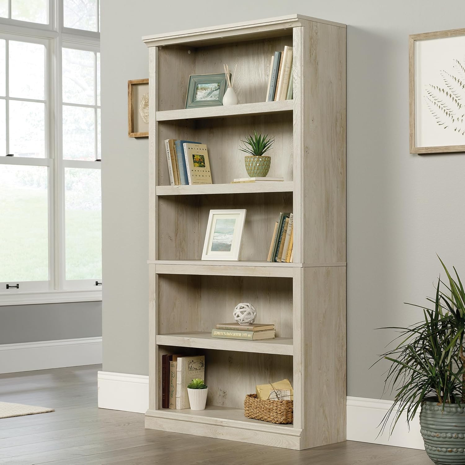 Sauder 5 Tier Book Shelf Wooden Bookcase Multipurpose Bookshelf for Home Office, Living Room, in Chalked Chestnut